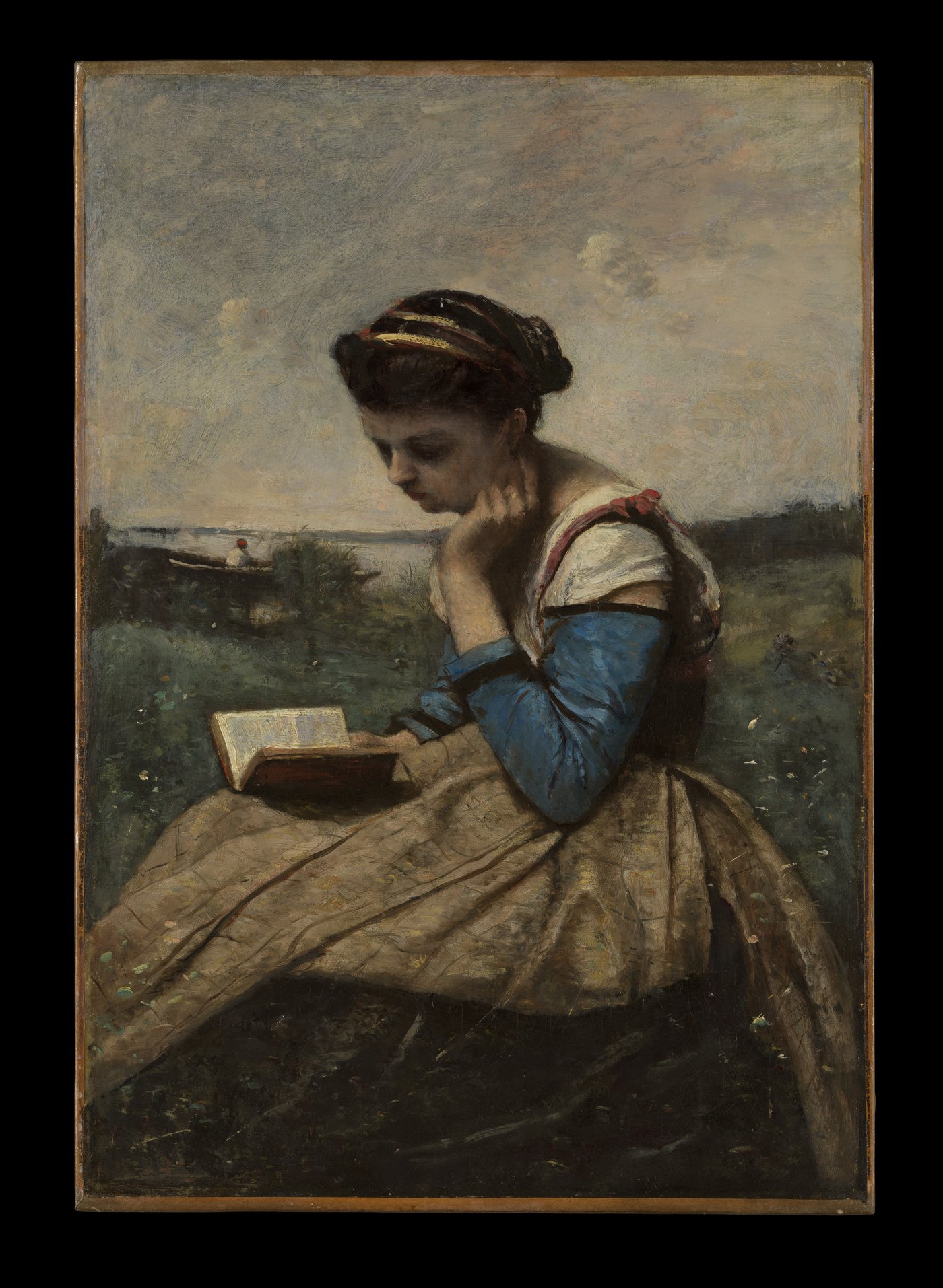 A woman absorbed in a book, painted by Camille Corot