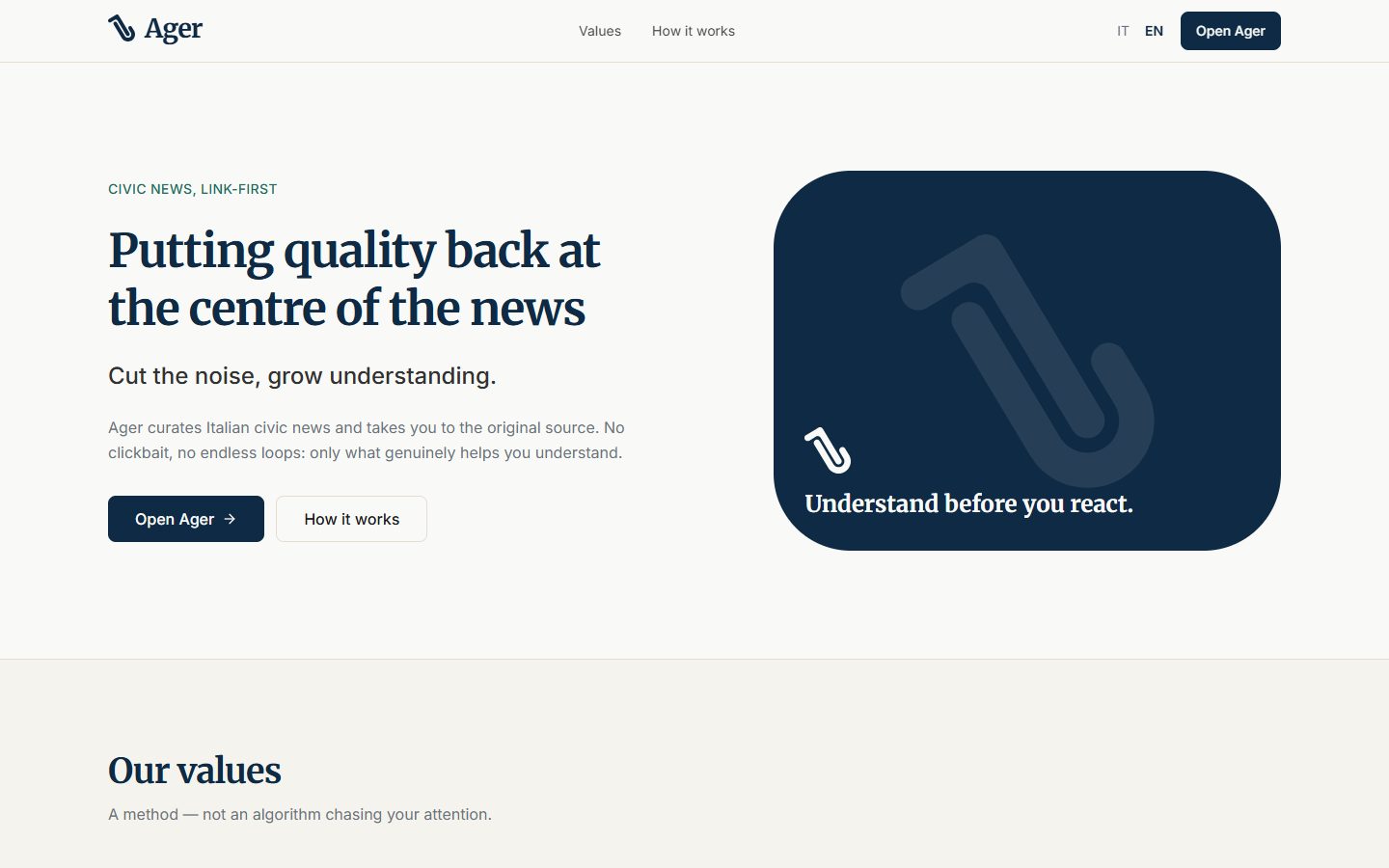 The Ager website introducing its approach to reading and information