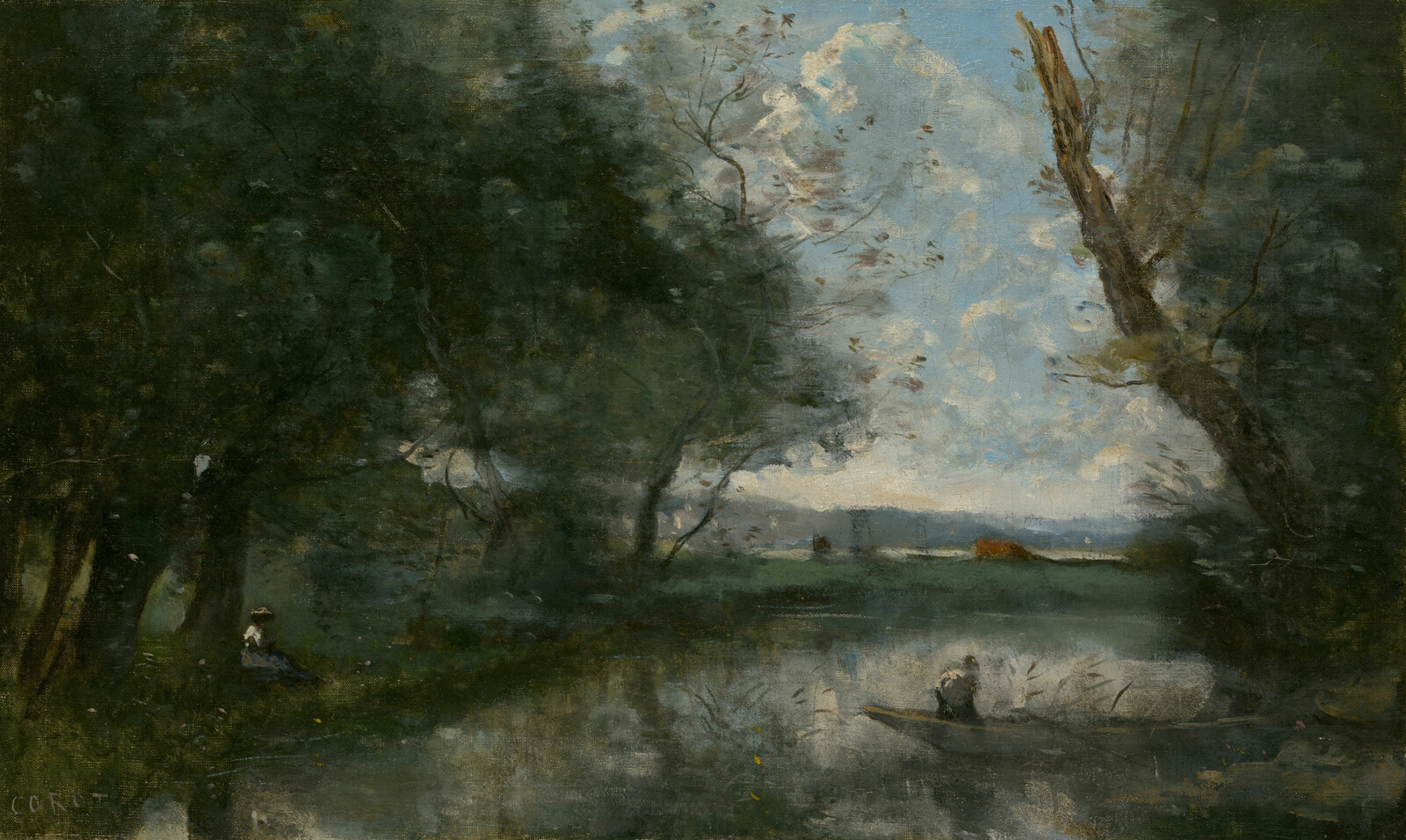 Soft evening light over water and trees in a landscape by Camille Corot